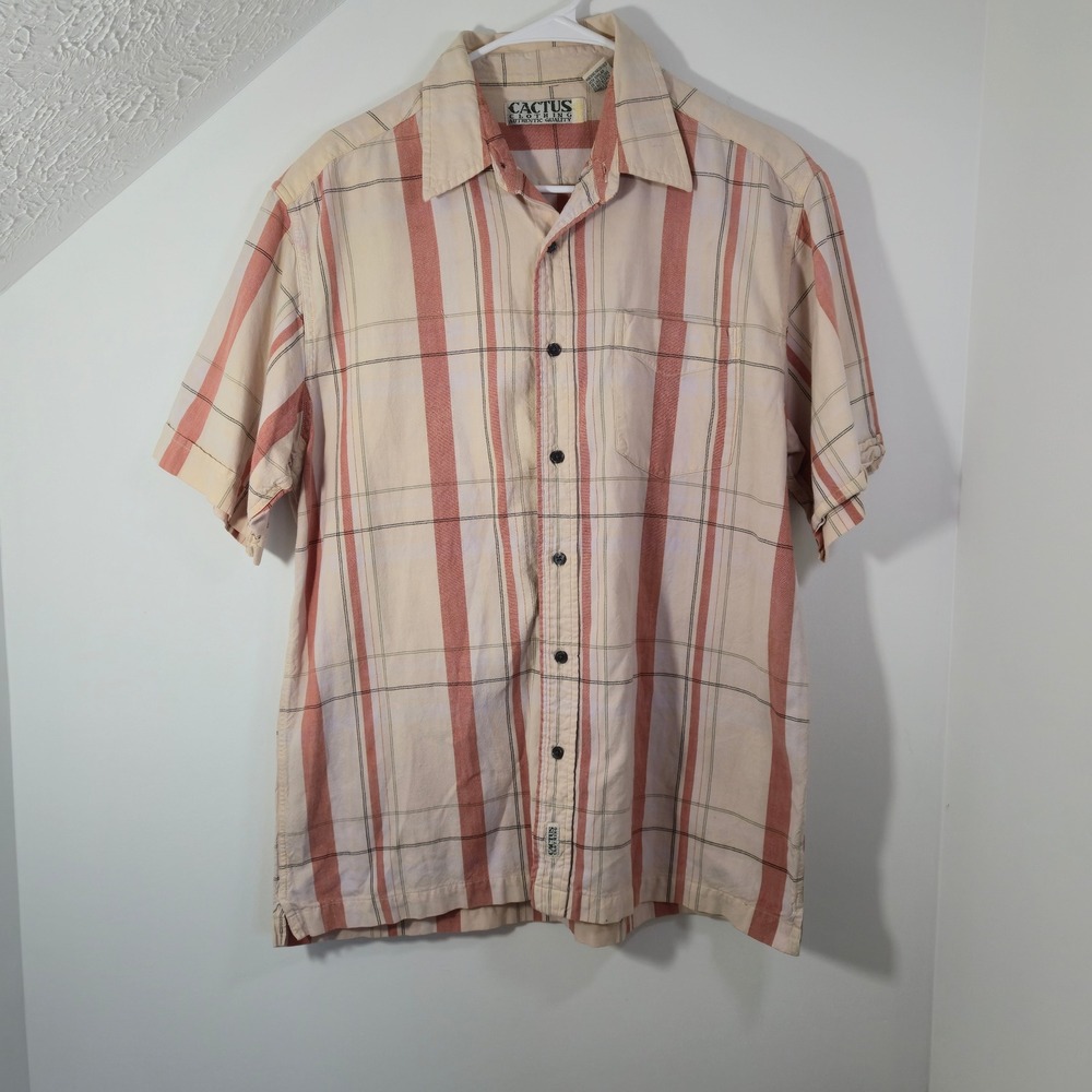 Cactus Mens Short Sleeve Plaid Button Down Shirt Organic Cotton Hemp Cream L